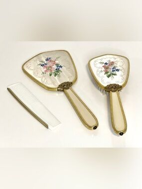 Vintage Petit Point Floral Gold Tone Vanity Dresser Set Brush Mirror Comb
